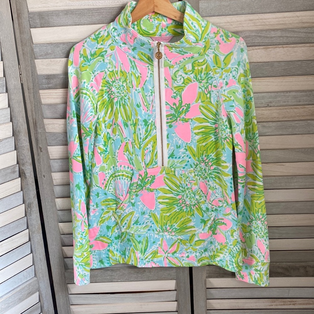 Lilly Pulitzer Green Cowl Neck pullover with Tropical Print